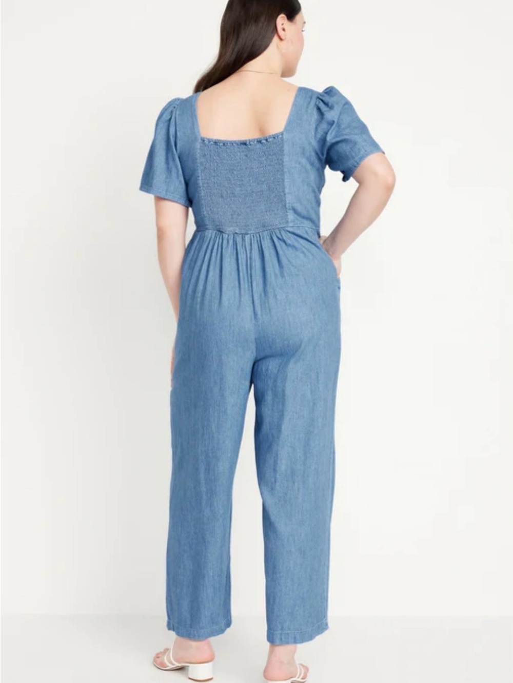 Old Navy Waist-Defined Smocked Denim Jumpsuit Chambray Large - Picture 2 of 14